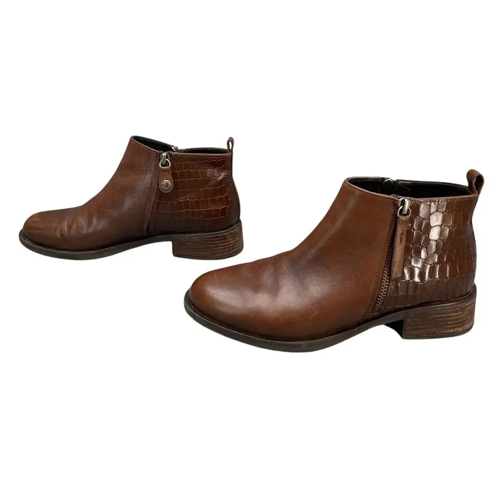 Geox D Resia C Brown Leather Croc Embossed Block Heel Ankle Boot Women 38/7.5-8